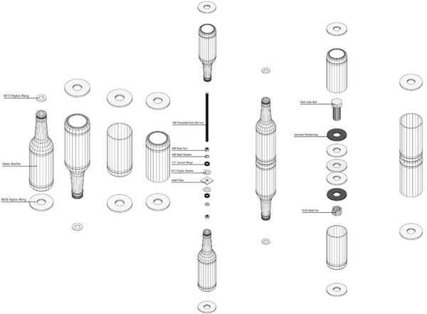 Figure 1 – Exploded view of the eight alternative stacking configurations (From left to right: C1, C2, C3, C4, C5, C6, C7, C8).