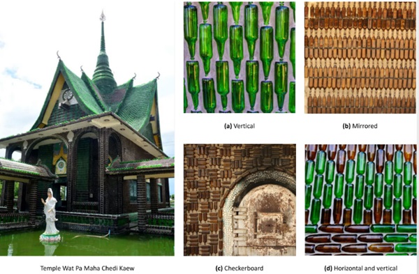 Fig. 1: Wat Pa Maha Chedi Kaew temple and its different bottle configurations (Hippie Pants 2015).