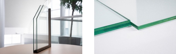 Fig. 1: Commercial products with thin boro-aluminosilicate glass. Left: Triple pane with 0.5 mm centre pane (See for example Alpen - thinkalpen.com). Right: Symmetric soda lime glass laminate (left) and Asymmetric laminate with Corning ultra-thin glass (right) (see for example impact glazing from PGT - pgtwindows.com).