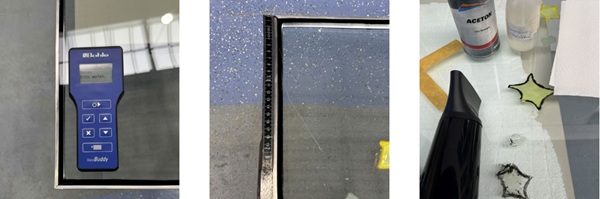 Fig. 1: Cross-section measurement (left), glass defects (centre) and pollution (right).