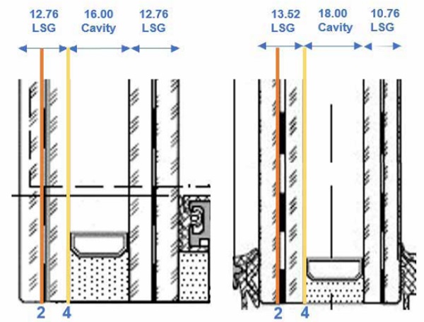 Figure 2.1: Images of laminate glass build-up. Left: levels 02 – 08. Right: Levels 1, 09-11 (Mott MacDonald)