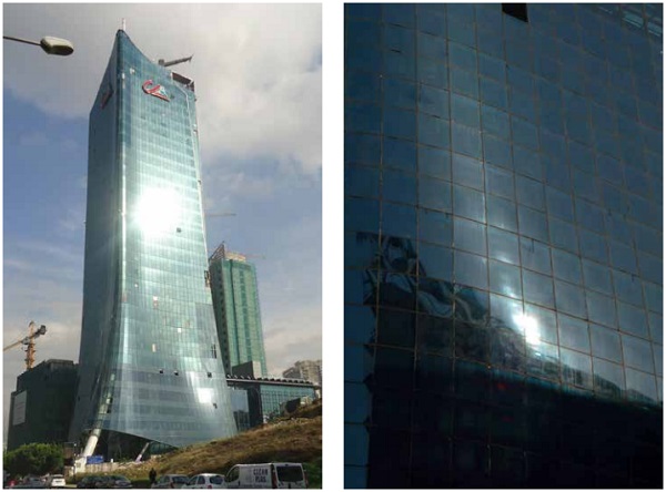 Figure 02 (left): Single corner cold-bending structural silicone glazed façades, Credit Libanais, Beirut  Figure 03 (right): Free-form shape cold-bent structural silicone glazed façades (partially hot bent-glass is used)