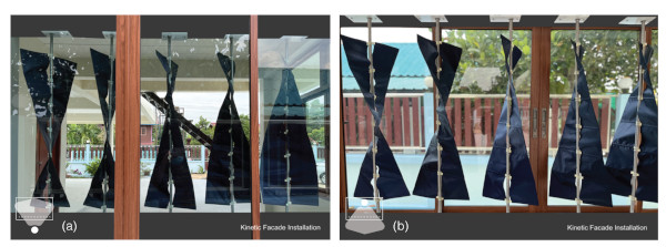 Figure 20. The kinetic façade (version 2: twisting movement) installation views from outside and inside. (a) The kinetic façade installation (view from outside); (b) The kinetic façade installation (view from inside).