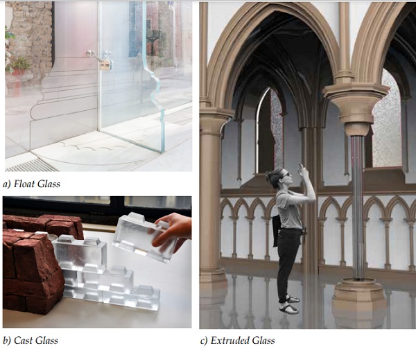 Figure 21. a) Abstract interpretation of Corinthian style column using float glass fins (Gnosis Architettura and Bardeschi 2017), b) Glass masonry that consists of interlocking cast glass units, developed by the authors for the 3TU.Bouw project “Restorative Glass” for the restoration of Lichtenberg Castle in Maastricht (Oikonomopoulou et al. 2017) and c) Hypothetical case of restoration of Gothic and Neogothic style bundled column with extruded glass tubes (Van den Broek 2017). 