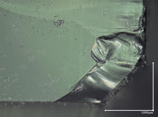 Fig. 22: Fracture surface with angled reflected lighting, 100X, 2D image produced from 3D picture, legends in Figure 24.