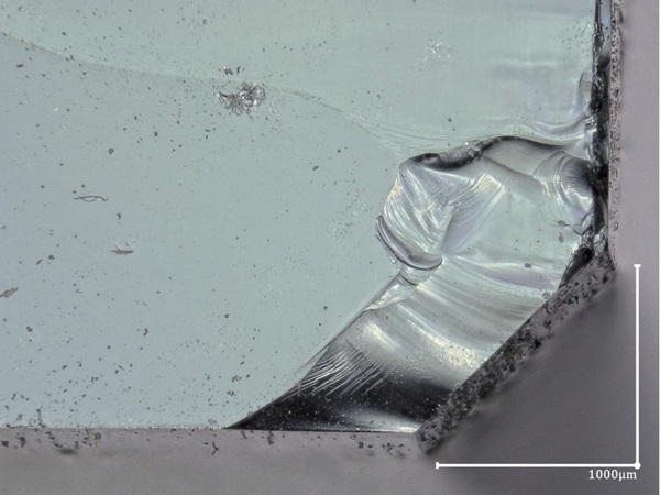 Fig. 23: Fracture surface with balanced angled reflected and transmitted lighting, 100X, 2D image produced from 3D picture, legends in Figure 24.