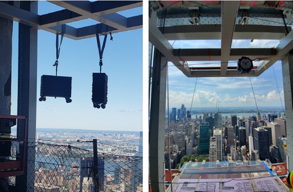 Figure 24 & 25 Installation sequences: preloading of steel frame by the self-weight of the glazing (left), floor panel with temporary suspension equipment (right).