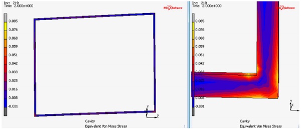 Figure 24: FE analysis stress plot of primary seal (Van Mises stress) for load case 1, showing local stress peaks