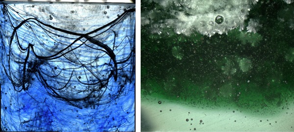 Fig. 26: Meso-level structures formed by a combination of cord/color streaks, bubbles or/and crystalline inclusions in the bulk of cast glass specimens.