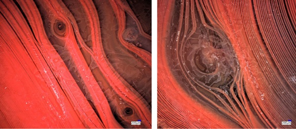 Fig. 27: Meso-level structure at the top-surface of a kiln-cast specimen. The specimen is produced by inserting clear and red-colored glass cullet in a flowerpot and placing it above a silica-plaster mould, inside a ceramic kiln. As the glass cullet heats up, it starts to flow down at high viscosity, filling up the mould while producing a characteristic coiling pattern ortransparent and red lines. Bubbles travelling from the bottom of the mould toward the top surface, interrupt the coiling pattern. The volatizing of gases and alkali alter the local composition of the top surface and lead to the creation of crystalline structures. The described network of defects is linked to the followed production method for this component.