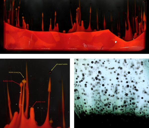 Fig. 28: Meso-level structures at the bulk of kiln-cast specimens. The specimens are produced by inserting clear and colored glass cullet inside silica-plaster moulds, with the colored glass being placed at the bottom and the clear glass at the top. The moulds are placed inside a ceramic kiln and heated up slowly. Microscope images studying the bulk of the final glass products show how the two types of glasses/colors are mixed, with the aid of the upward movement of bubbles.