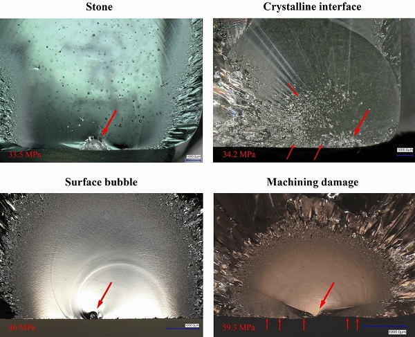 Fig. 29 Mirror surfaces of fractured specimens (2nd series of experiments) depicting the main defect categories responsible for catastrophic failure. The reported flexural strength is linked to the type of defect but also to its size