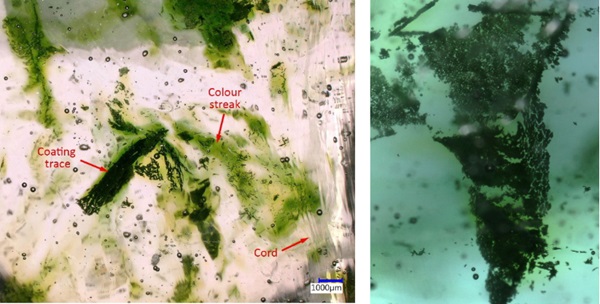 Fig. 29: Crystalline inclusions (flakes) and colour streaks in the bulk of kiln-cast samples from recycled oven doors (float glass with ceramic frit). The image on the right depicts the morphology of the crystalline flakes, which result from the partial melting of the ceramic frit in the glass matrix.