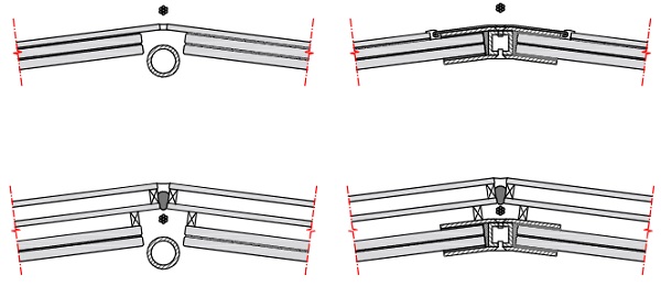 Fig. 2 Edge detail with structural laminated glass package, hollow rod as reinforcement (with different restraint degrees) and spiral cable: (top) with sacrificial glass layer; (bottom) with IGU.