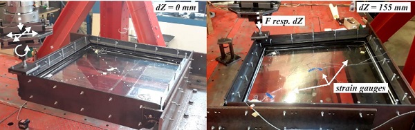 Fig. 2 Experimental test setup: (left) initial state and (right) post-bending state.