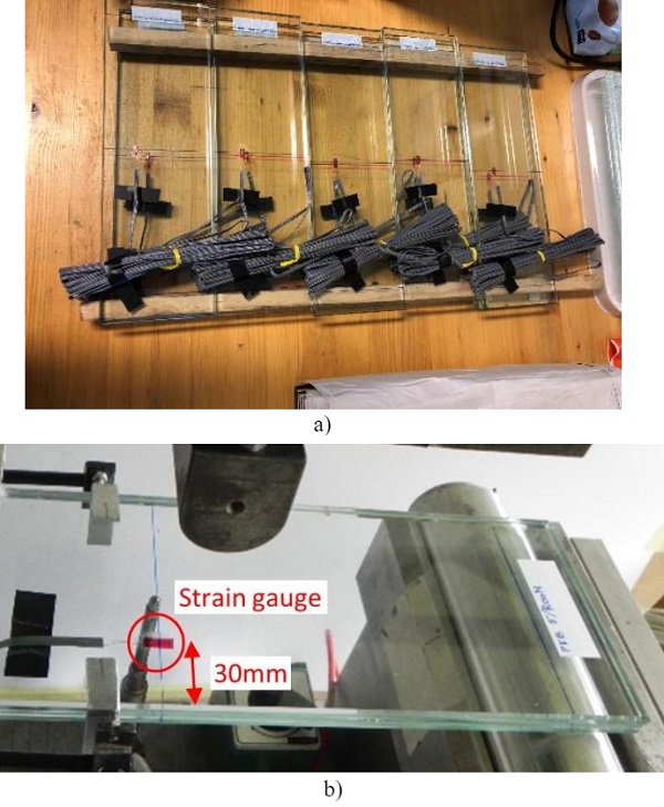 Fig. 2 Set of five specimens a) and specimen with measurement equipment placed on the supports for testing at room temperature b).