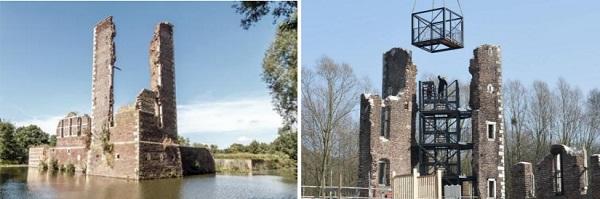 Figure 2: The remaining tower of Schaesberg castle before (left) and after (right) the latest consolidation.