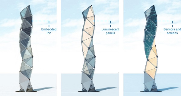 Fig. 2 Render images of multifunctional HYGLASS towers where glass panels are either transparent or equipped with hi-tech devices.