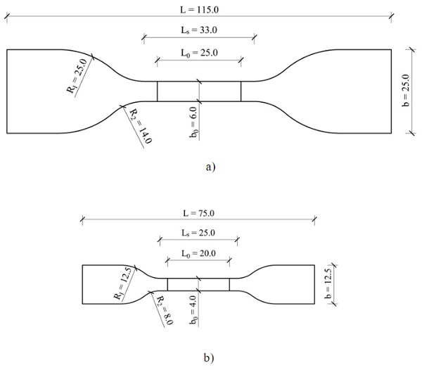 Fig. 2a) Dimensions of the dumbbell specimenof type C according to ASTM D412 (ASTM 2013),used for the silicone Dow Corning®993 and b) Dimensions of the dumbbell specimen of type 2 according to ISO 37 (ISO 2011), used for the silicone Sikasil® SG-550.