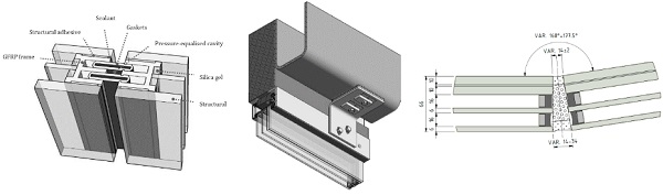 Fig. 2: Detail research Cordero (2015) on the left; 3D detail from Triodos Bank Octatube (2017) in the middle and horizontal detail from Triodos Bank Octatube (2017) on the right.
