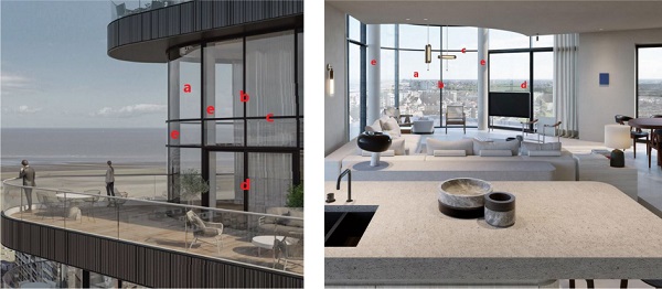 Fig. 2: visualisation of the duplex façade on the outside (left) and on the inside (right) (a: hot bent glass; b: aluminium mullion; c: aluminium transom; d: sliding doors; e: steel or concrete column) (© Neutelings & Riedijk)