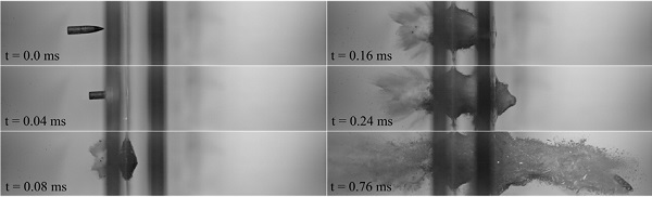 Fig. 2. High-speed camera images of DLx2-2 where vi = 522.8 m/s and vr = 240.6 m/s. The velocity between plates is estimated as v = 412.8 m/s.