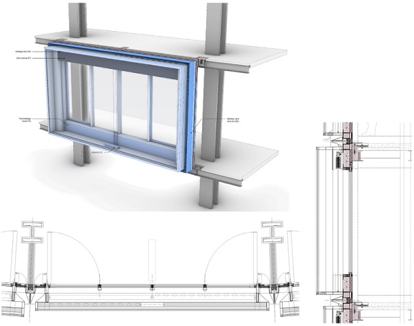 Fig. 2: Top left: Axonometric view of a unit. Bottom left: Horizontal section of a unit. Right: Vertical section of a unit