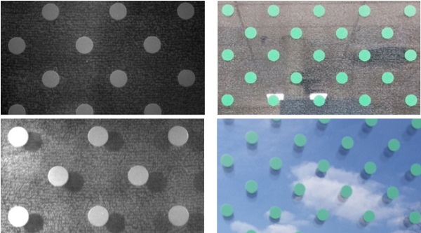 Figure 2. (Upper Left) A UV Image of a green first surface coating, printed in a dot pattern and illuminated with conventional fluorescent light. (Upper Right) A conventional, interior photograph of the green-printed glass. (Lower Left) UV Image of the green-printed glass illuminated with 395 nm light. (Lower Right) A conventional, exterior photograph of the green-printed glass.