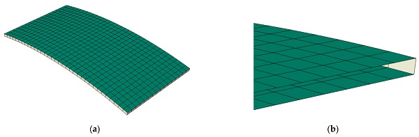 Figure 2. Numerical model of the curved IGU: (a) Finite element mesh; (b) Detail of the glass–spacer interface. Note: glass panes are shown in green, while spacers are grey.