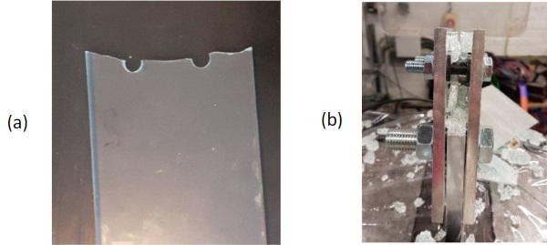 Fig. 2: Typical failure modes of: (a) annealed glass and (b) tempered glass–bolted joints