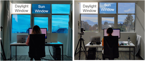 Fig. 2. Participants performing screen-based tasks in blue-tinted glazing (left) and in color-neutral glazing (right). (For interpretation of the references to color in this figure legend, the reader is referred to the Web version of this article.)