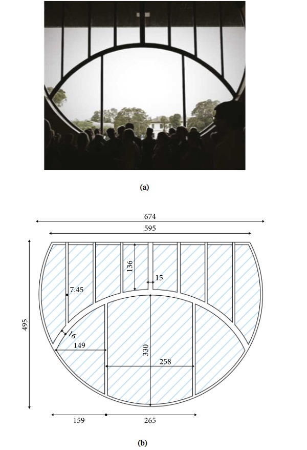 Figure 2 Round-shaped facade object of study (indoor view): (a) front view and (b) geometrical properties from on-site inspection (dimensions in cm).