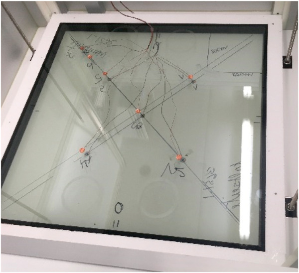Fig. 2. A triple glazed insulation glass unit of 800 mm × 800 mm equipped with temperature sensors on both sides in the GHP (units A and B of each Brand measured separately). Opening of the box is possible only in the horizontal position.