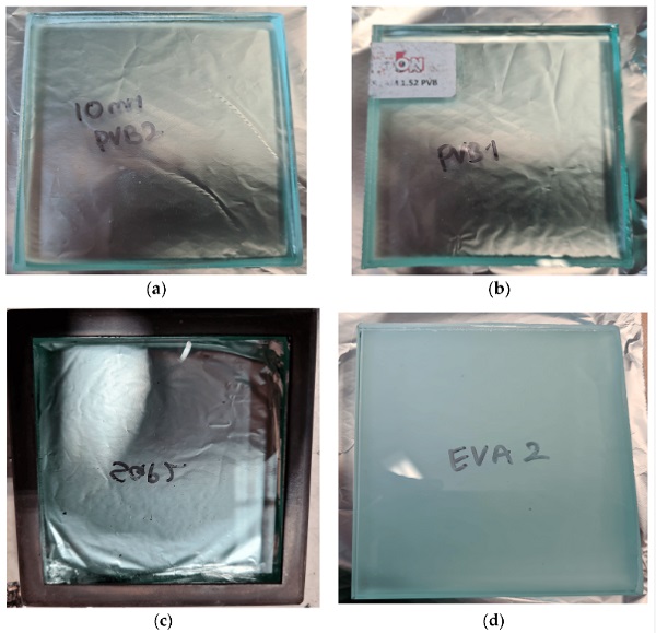 Figure 2. Various samples of laminated glass with different interlayers used in the test: (a) 10 mm glass with 0.38 PVB interlayer (b) 12 mm glass with 1.52 PVB interlayer (c) 12 mm glass with 1.52 SGP interlayer (d) 12 mm glass with 1.52 EVA interlayer.