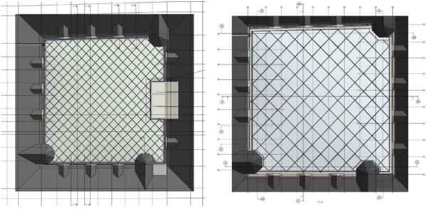 Figure 2: Top view of the not-perfectly-square-shaped courtyard, left: first design with grid size ~1,6m, right: final optimized design with grid size ~2.6m.