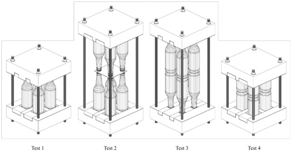 Figure 2 – Configurations set-up per layer (From left to right: Test 1, Test 2, Test 3, Test 4).