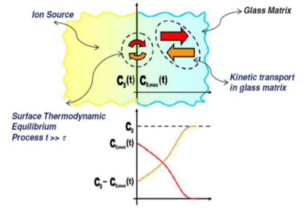 Fig. 2: Ion Exchange split into a thermodynamic equilibrium process at glass near surface and a kinetic interdiffusion process in glass bulk (Macrelli (2024a)).