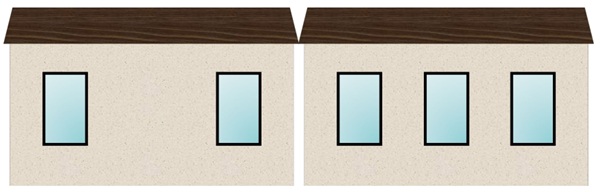 Fig. 2: Two facades with the same overall building envelope thermal conductance. The one on the left has windows with R-0.6, whereas the one on the right has R-0.9 windows.