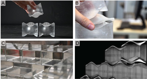 Fig. 2: (A) Additively manufactured polymer interlayers following an interlocking pattern directly printed on the glass (Oikonomopoulou et al. 2025) (B) Proposed reversible solutions include the use of interlocking glass bricks assembled via dry polyurethane interlayers (Oikonomopoulou et al. 2018a). (C) Currently, permanent adhesive bonding is the dominant solution for glass masonry structures, and (D) metal TAK interlayers proposed in this paper (render by S. Guha).