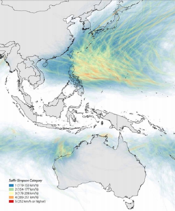 Figure 2 Typhoon events from 1970 - 2015 according to wind speed.