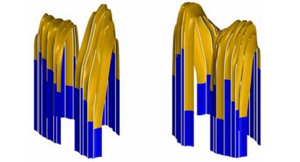 Figure 2 the surfaces are split into the geometric types based on the Gaussian curvature corresponding to increasing level of complexity: half of the area is generated with rotational cylinders (blue) and the rest is a free-form double curved surface (gold). 