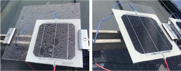 Fig. 2. Soiled glass sample on soiling-sensor after light (left) and strong (right) rain event