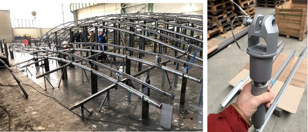 Figs. 30,31 Template for shop assembly of structure (left). Structure was disassembled into smaller segments, so-called ‘ladders’ for shipping and installation on site. Shop inspection of fabrication and coating of upstand detail (right). Images: Knippers Helbig.