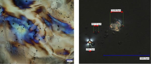 Fig: 32: Microscope images of the bulk of recycled cast glass specimens using crossed polarised lenses. The isochromatic fringes indicate the presence of internal stresses in the samples, due to glass incompatibility (left) and the presence of crystalline inclusions (right).