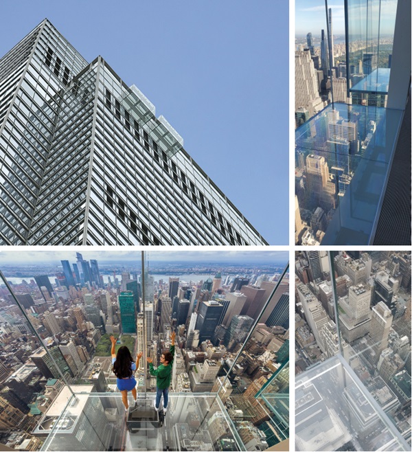 Figure 3 to 6 Levitation Ledges at the One Vanderbilt (top left); close-up glass floors of the Levitation Ledges (top right, © Juan Hernandez); view to Manhattan skyline from the Levitations ledges (bottom left, © Max Touhey); close-up glass corner showing mortise and tenon and structural glazing joints (bottom right, © Juan Hernandez).