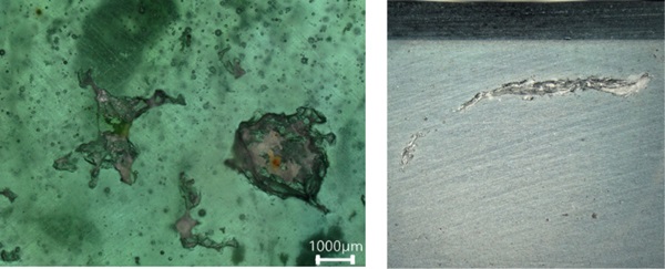 Fig. 35: Surface defects in kiln-cast glass specimens, originating from the incorporation of silica/plaster particles from the mould material, as well as striations caused during grinding.