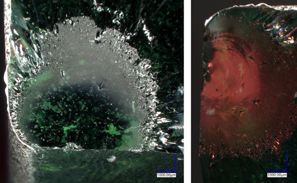 Fig. 36: Fractured site of a recycled kiln-cast beam out of car-windshield glass waste, tested in 4-point bending. The image on the left shows the simultaneous acting of different defects around the fracture mirror: surface inclusions and grinding striations, bubbles and crystalline (coating) flakes in the bulk. Different lighting conditions highlight the bulk and surface defects, as well as the mist and critical defect on the left, while on the right, the Wallner lines and gull wings are visible.