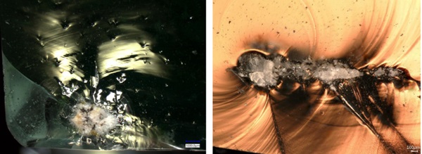 Fig. 38: Fracture due to internal defects is rare, yet it occurs in the presence of defects of significant and elongated size, and of large differentiation to the glass matrix (e.g. crystalline inclusions). The images above reveal information on the presence of critical crystalline inclusions in a recycled car-windshield sample due to cullet contamination (left), and the creation of an elongated crystalline defect along an array of bubbles due to the specific firing schedule used for the casting of a borosilicate glass sample.