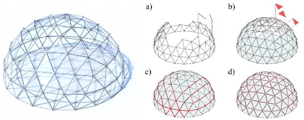 Fig. 3 Assembly procedure a reinforced and post-tensioned glass shell (Spherical Dome case study): a) assembly of the reinforcements forming a skeleton; b) lying of glass panels; c) cables post-tensioning; d) edge sealant and waterproofing of nodes.