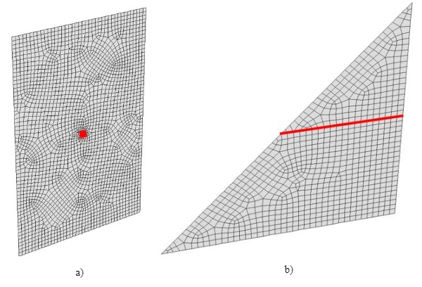 Fig. 3 Typical meshes for: a) concentrated load in a rectangular DGU and b) linear load in a triangular DGU. The regions where the forces are applied have been highlighted in red.